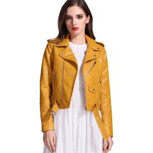 Women's Faux Leather Zipper Motorcycle PU Slim Short Biker Coat Jacket Yellow